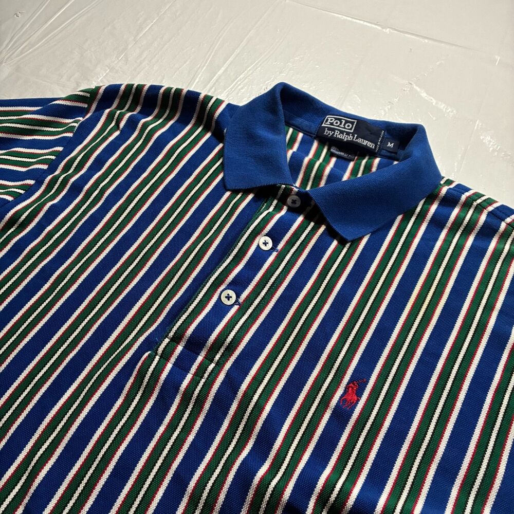 Vintage Polo Ralph Lauren Blue Vertical Striped Short Sleeve Men's Medium - HOLE